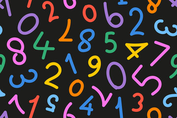 Colorful hand draw number line art seamless pattern. Creative doodle and fun for children with a black background.