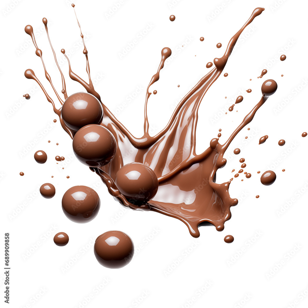 Poster liquid splashing with chocolate balls isolated on transparent background. generative ai