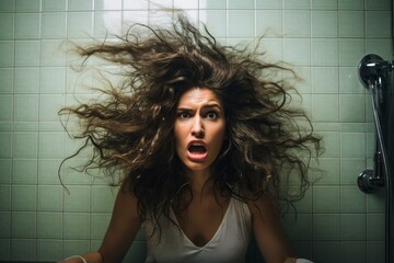 A woman in a bathroom having a bad hair day. - obrazy, fototapety, plakaty