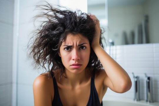 A woman in a bathroom having a bad hair day.