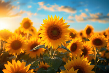 Obraz premium A field of sunflowers turning their faces toward the sun, symbolizing resilience and the pursuit of light. Concept of sunflower fields and natural optimism. Generative Ai.