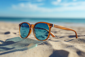 Fototapeta na wymiar A pair of stylish sunglasses resting on a sandy beach, capturing the essence of a relaxing vacation. Concept of leisure and travel. Generative Ai.
