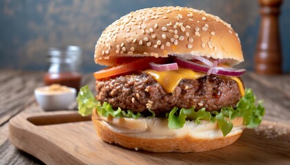 Close-up home made beef burger on wooden table