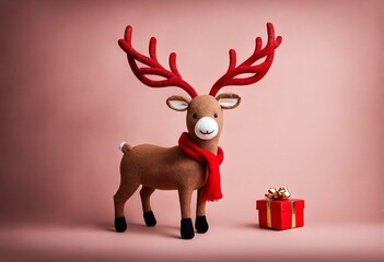 picture of a cute reindeer plush with a christmas present and a pink background