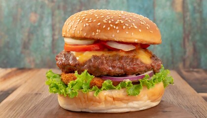 Close-up home made beef burger on wooden table