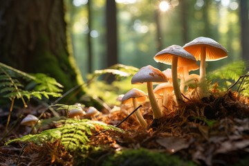 Fairytale hallucinogenic mushrooms growing in green moss in sunny magical forest. - obrazy, fototapety, plakaty