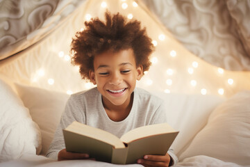 Cute little boy reading a book in his bed. Child reading in bedroom with lights on.