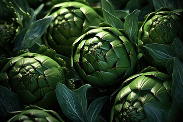 A close-up of artichoke hearts, showcasing the intricate patterns and textures that make them a...