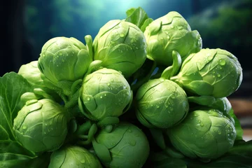 Foto op Aluminium A cluster of brussels sprouts on the stalk, emphasizing the hearty and nutritious nature of this cruciferous vegetable. Concept of stalked brassica abundance. Generative Ai. © Sebastian