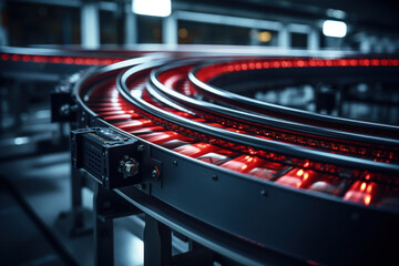 Conveyor belts transporting products seamlessly through the various stages of the manufacturing process, optimizing efficiency. Concept of automated production flow. Generative Ai. - obrazy, fototapety, plakaty