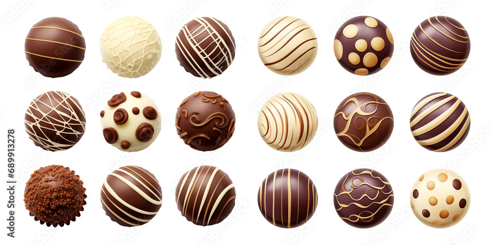 Wall mural collection of various chocolate balls or candy pralines isolated on transparent background. generati