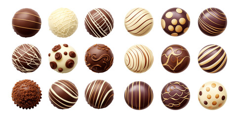 Collection of various chocolate balls or candy pralines isolated on transparent background. Generative AI
