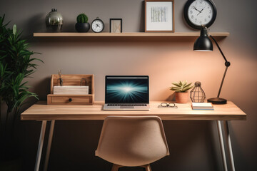 A minimalist home office setup, highlighting the integration of work and life in the era of remote...