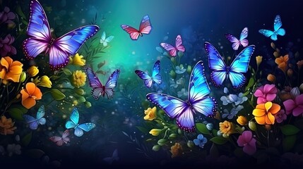 Fototapeta na wymiar Dance of summer butterflies Bright butterflies in the air against the background of flowers