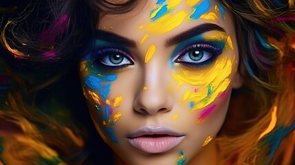 Girl with creative makeup and bright colors on her face