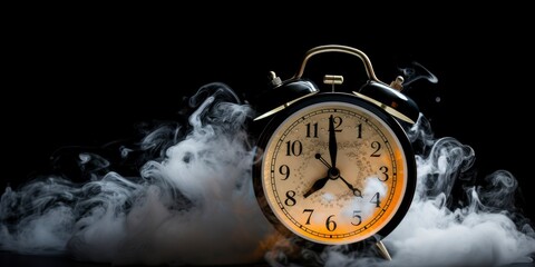 Alarm clock with stunning smoke background. The concept of time passing and disappearing - obrazy, fototapety, plakaty