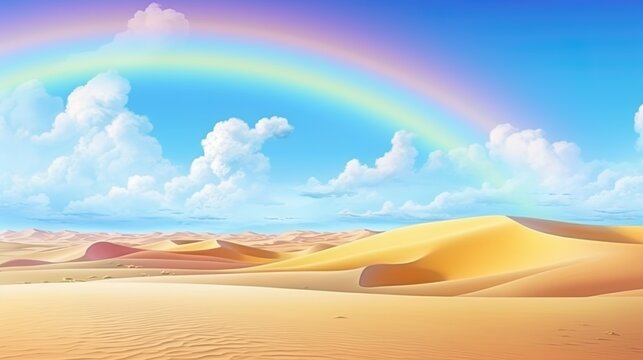 Rainbow in the desert colored stripes against the background of sandy dunes