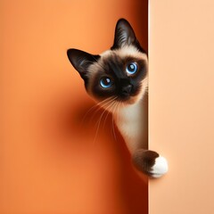 Curious Siamese Cat Peeking Around Corner. Playful siamese cat with blue eyes peeks out from behind a corner on an orange background, copy space.