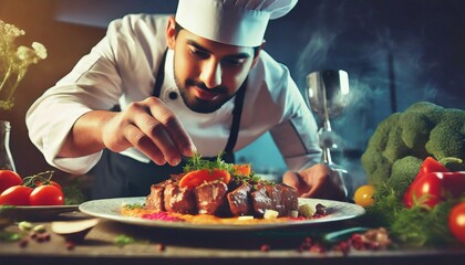 Chef finishing and garnishing food he prepared, a dish with meat and vegetable 