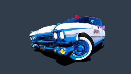 Poster White cartoon car. Classic American car. Ambulance on a grey background 3D rendering. © Olena