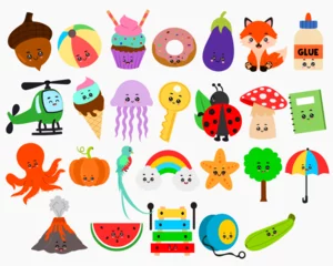 Fotobehang Cute Alphabet A-Z illustrations including acorn, ball, cupcake, donut, eggplant, fox, glue and many more... © Artika95
