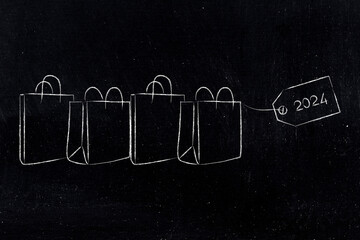2024 inflation and recession concept, shopping bags with year written on price tag