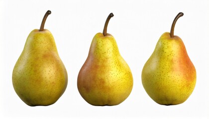Pears isolated. Green pear with leaf on white background. With clipping path. One tasty ripe pear.	
