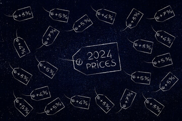 2024 inflation and recession concept, label with 2024 Prices text surrounded by other price tags with percentage increases