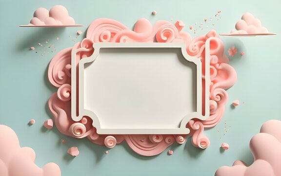 abstract Vintage white frame with pink abstract cloud shapes on a light blue background. minimal composition of the border. Generative AI , photo, ai floral 3d frame, ai floral frame, ai generative	