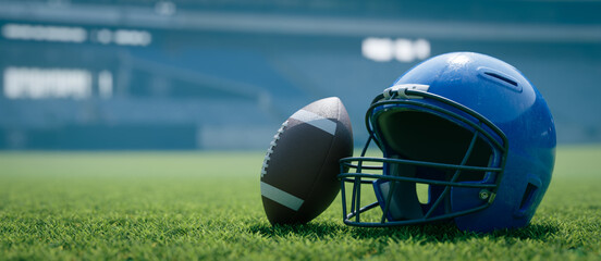 the background of a blue football helmet on the pitch, 3d rendering