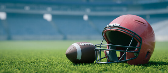 the background of a red football helmet on the pitch, 3d rendering