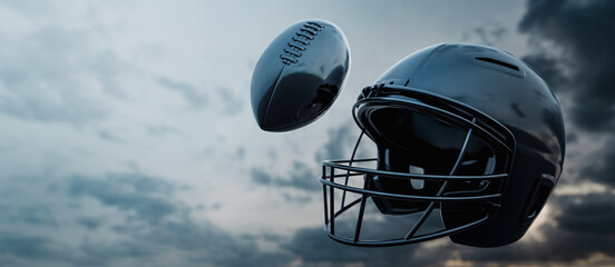 Silver football helmet and ball background against a sky of intense contrast, 3d rendering