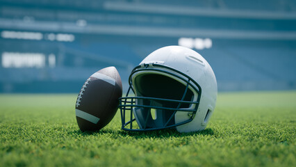 the background of a white football helmet on the lawn of the stadium, 3d rendering - obrazy, fototapety, plakaty