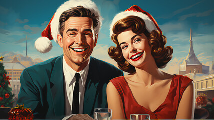 Obraz premium Retro Christmas Illustration - couple wearing Santa hats and Christmas outfits - vintage style - holiday festive fashion - 