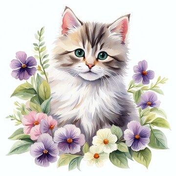 Serene Beauty: Watercolor Portrait of Siberian Kitten Surrounded by Viola Flowers