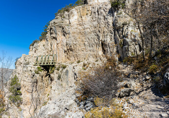 Fototapeta na wymiar Wooden Bridge on Cliff Ledge, Guadalupe Peak Trail, Guadalupe Mountains National Park, Texas, USA