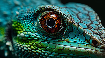close up of a green lizard, closeup on eye