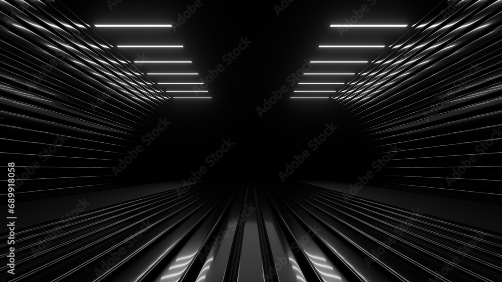 Poster sci fi neon glowing lines in a dark tunnel. reflections on the floor and ceiling. 3d rendering image