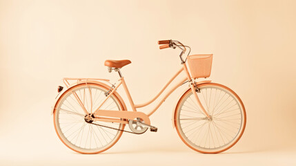 A pink bicycle with a basket on the front wheel. Monochrome peach fuzz background.