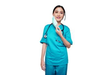 A beautiful medical worker removing a mask isolated transparent