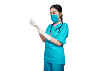 Medical workers wearing gloves and masks isolated transparent