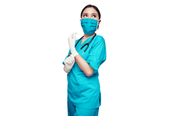 Young female nurse wearing medical gloves and mask isolated transparent