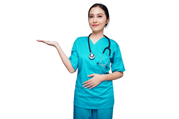 Beautiful nursing students present something on the side isolated transparent