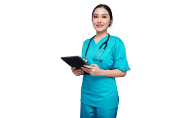 Beautiful medical worker carrying a tablet to check the patient list isolated transparent
