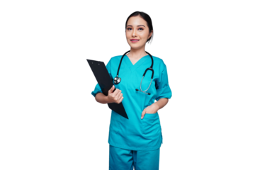 The young female nurse carried a black folder and put her hands in her pockets isolated transparent