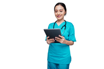 Beautiful nursing students check patient data on tablets isolated transparent