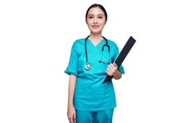 Young female nurse stands upright and carries a black folder isolated transparent