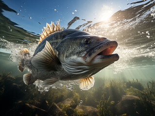 Largemouth Bass Splashing Underwater Biting at a Fishing Lure