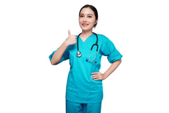 Beautiful nursing students give thumbs up isolated transparent - Powered by Adobe