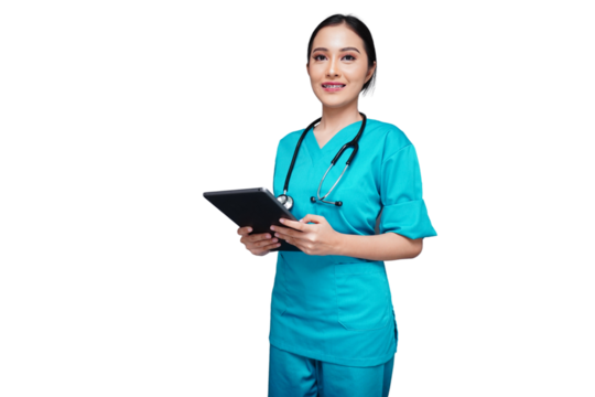 Beautiful medical worker carrying a tablet to check the patient list isolated transparent